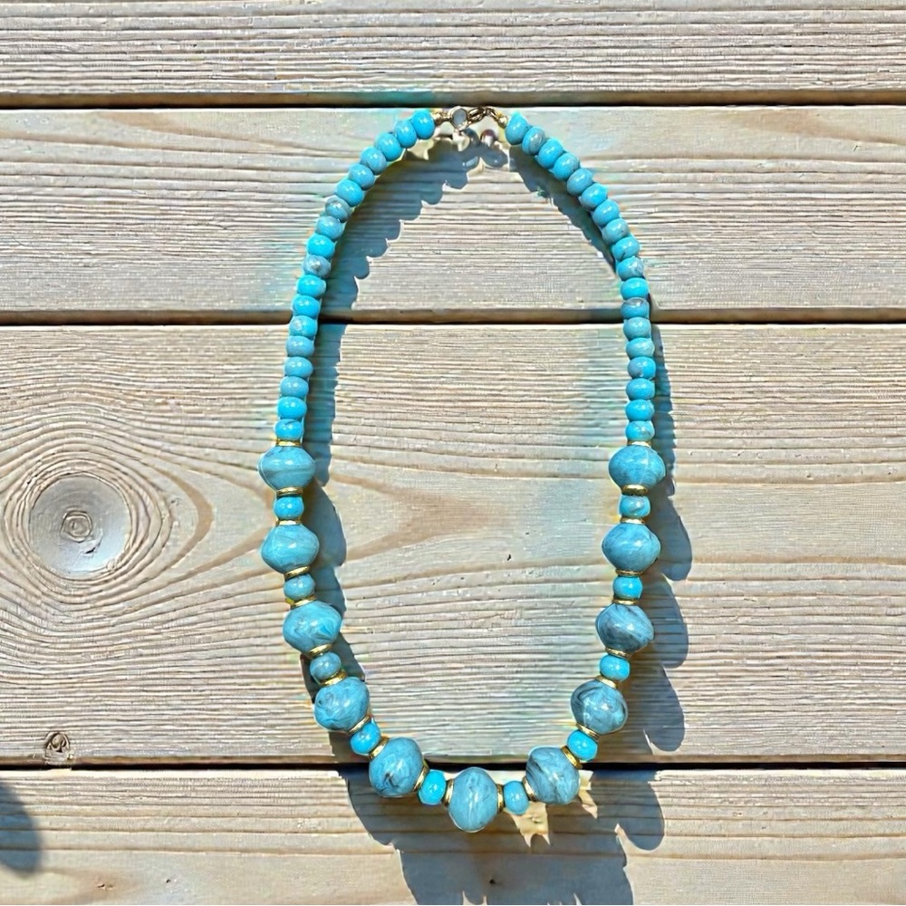 Vintage Turquoise Blue Toned Beaded Necklace With‎ Gold Toned Accents